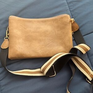 Tan Crossbody Bag with Striped Strap